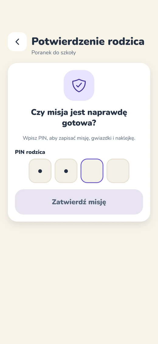 Aplikacja: Czy misja jest naprawdę gotowa? PIN rodzica, wpisane dwie cyfry z czterech, przycisk Zatwierdź misję