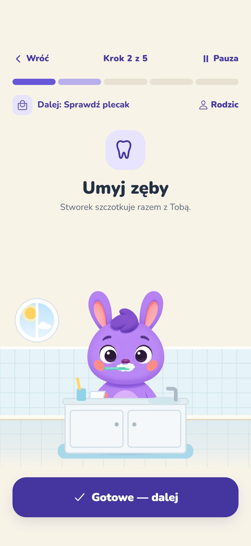 Aplikacja: krok „Umyj zęby” w misji porannej, obok fioletowy królik myje zęby