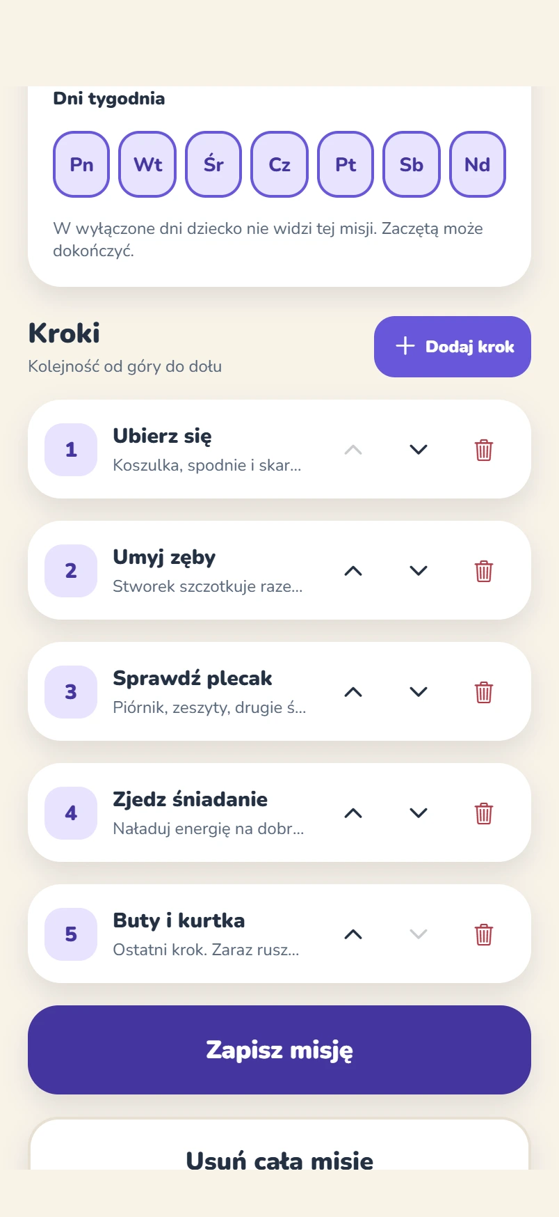 Aplikacja: dni tygodnia od poniedziałku do niedzieli, a pod nimi kroki misji: Ubierz się, Umyj zęby, Sprawdź plecak