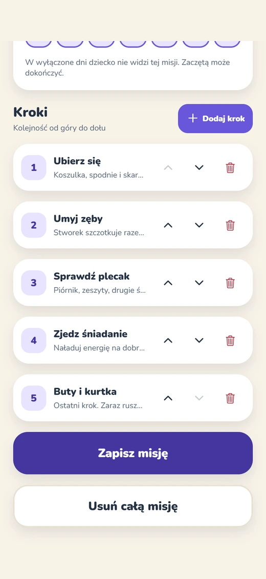 Aplikacja: edycja misji, lista kroków od góry do dołu, przyciski Dodaj krok i Zapisz misję