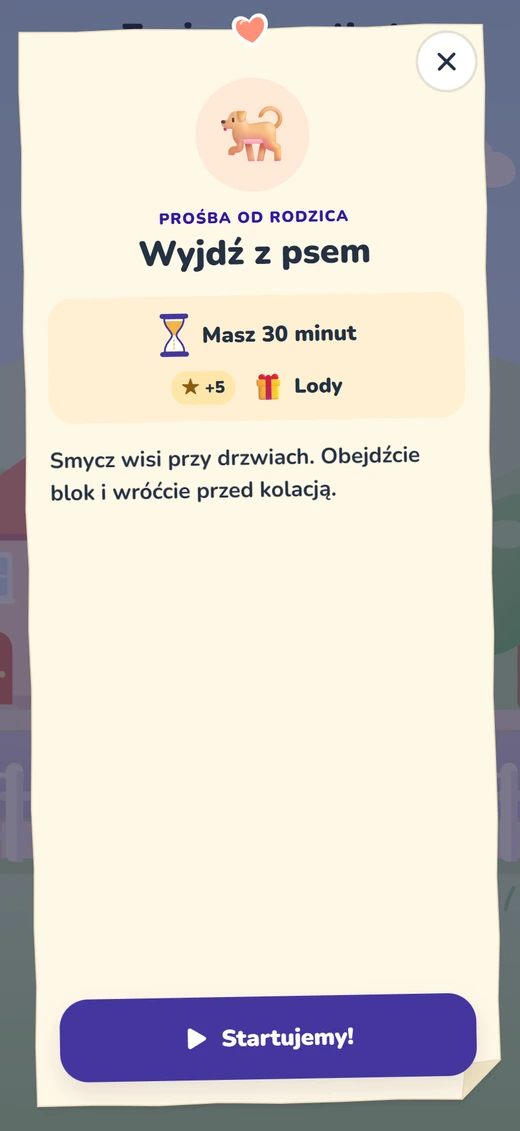 Aplikacja: list od rodzica z prośbą „Wyjdź z psem”, 30 minut, 5 gwiazdek i lody w nagrodę