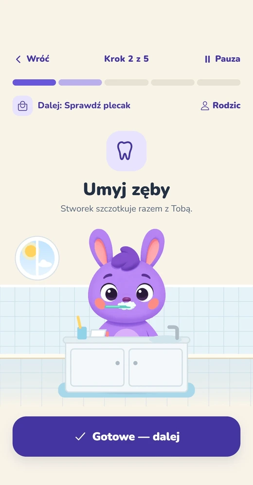 Aplikacja: krok „Umyj zęby” w misji, obok fioletowy królik myje zęby